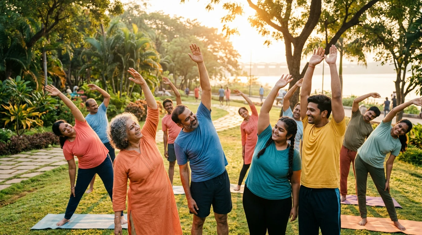 A joyful diverse group exercising together outdoors